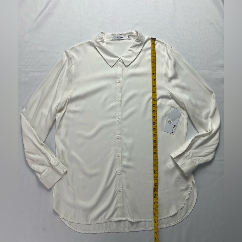 JustFab Ivory Rayon Sheer Button Down Office Career Fall Layering - Picture 8 of 11